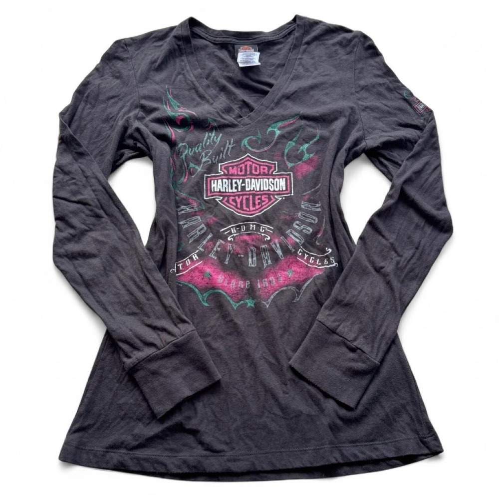 Harley Davidson Womens Black V-Neck Long Sleeve Shirt Scottsdale AZ Sun Moon M